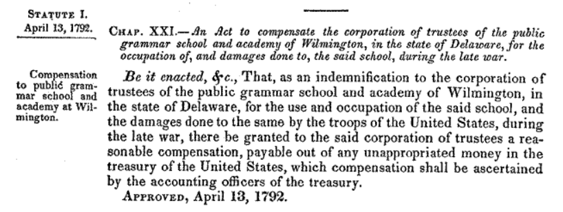 1792 Deleware school compensation act